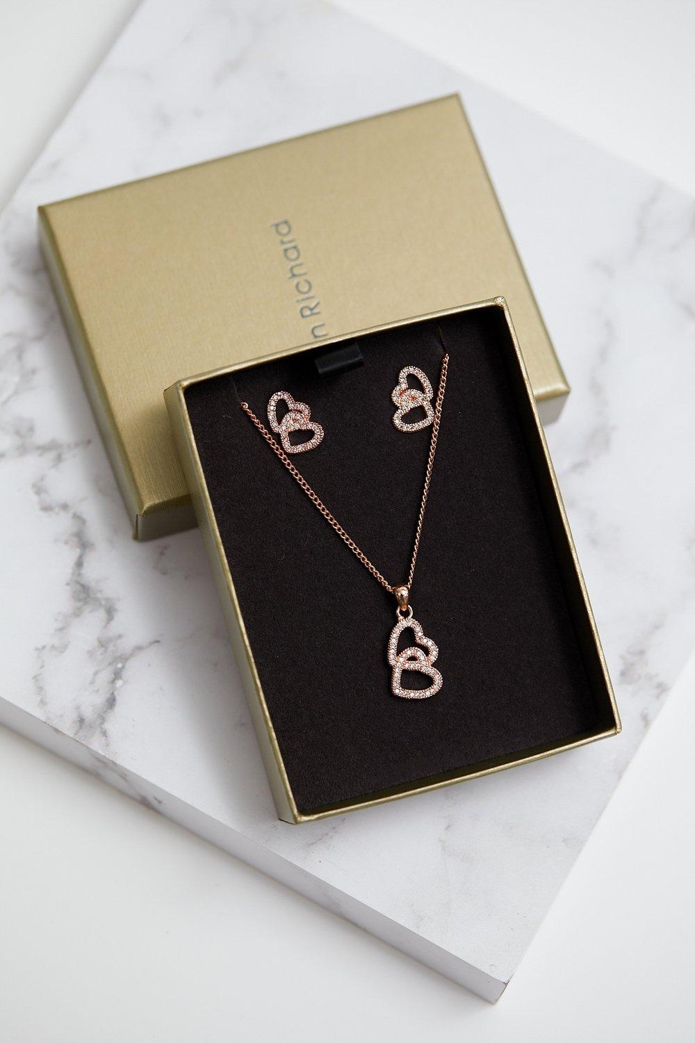 Jewellery Bliss Rose Gold And Pink Double Heart Set Gift Boxed Jon Richard